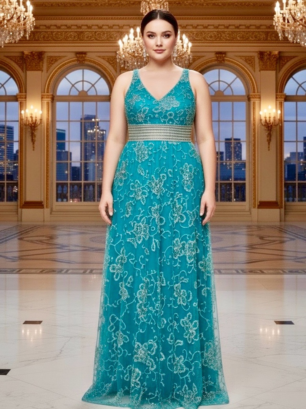 Elegant XXXL Teal- Aqua intricate hand beaded Evening Dress. Attitudes by Debra